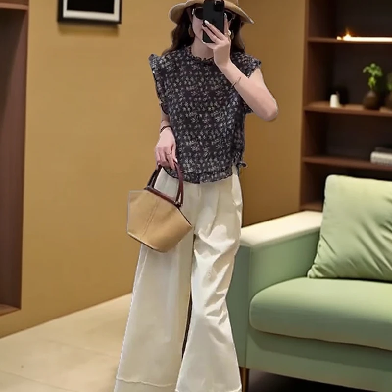 复古碎花短袖女装t恤2025新款夏季设计感木耳边衬衫薄款休闲上衣