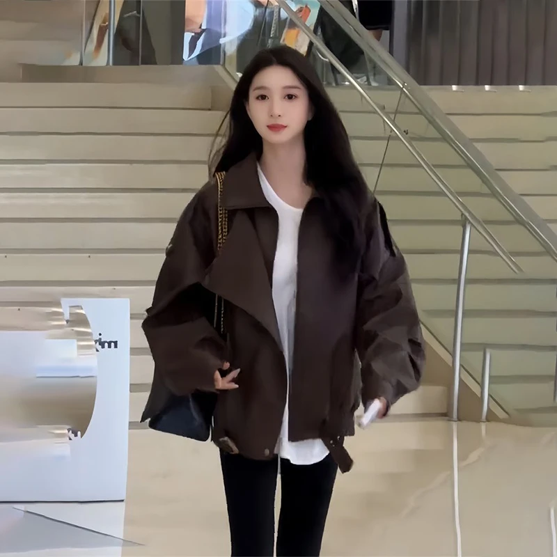 韩系通勤咖色皮衣外套秋季新款设计感百搭休闲气质外搭上衣