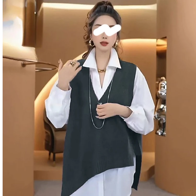 不规则设计感无袖针织马甲女宽松休闲显瘦百搭长袖衬衫早秋两件套