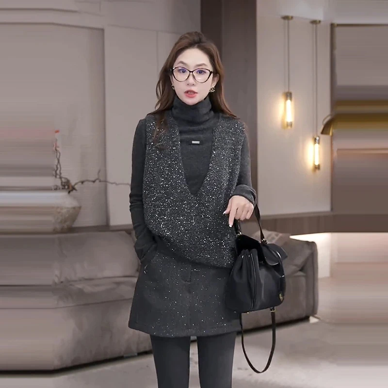 洋气亮丝设计高级感无袖针织马甲背心气质高领修身显瘦上衣两件套