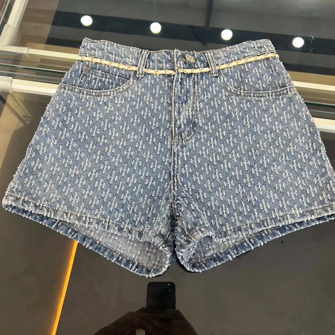 《牛仔工艺》24新款夏季蓝色高腰时尚百搭经典印花水洗牛仔短裤k50