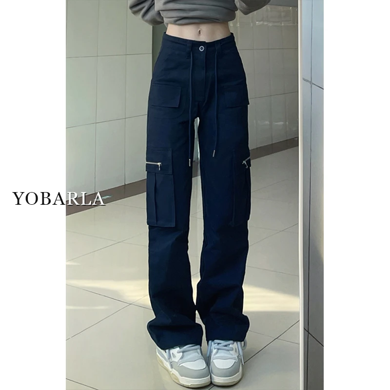 美式藏青色工装裤女春秋款高腰宽松大码胖mm显瘦阔腿直筒休闲裤子