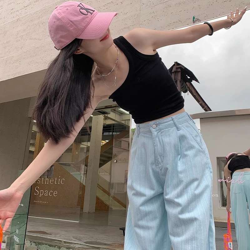 蓝色条纹休闲裤女夏高腰直筒大码胖mm宽松显瘦梨形身材肌理感裤子