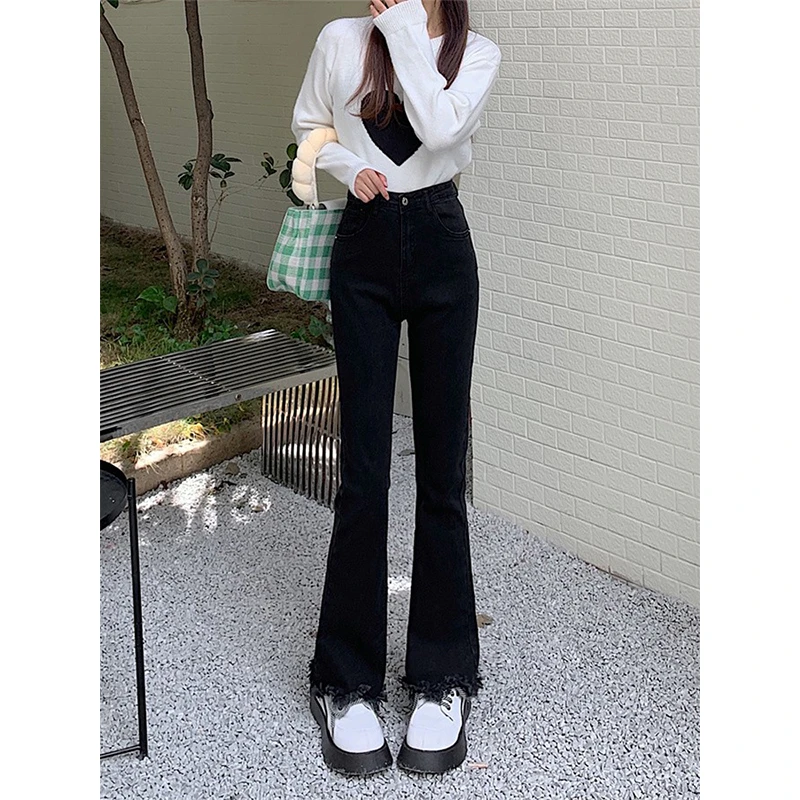 黑色弹力微喇牛仔裤女冬季加绒胖mm高腰梨形身材大码毛边喇叭裤子