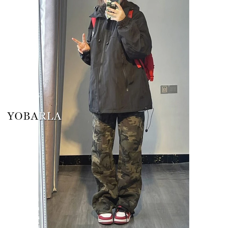 美式迷彩工装裤女冬季加绒大码胖mm宽松显瘦梨形身材阔腿牛仔裤子