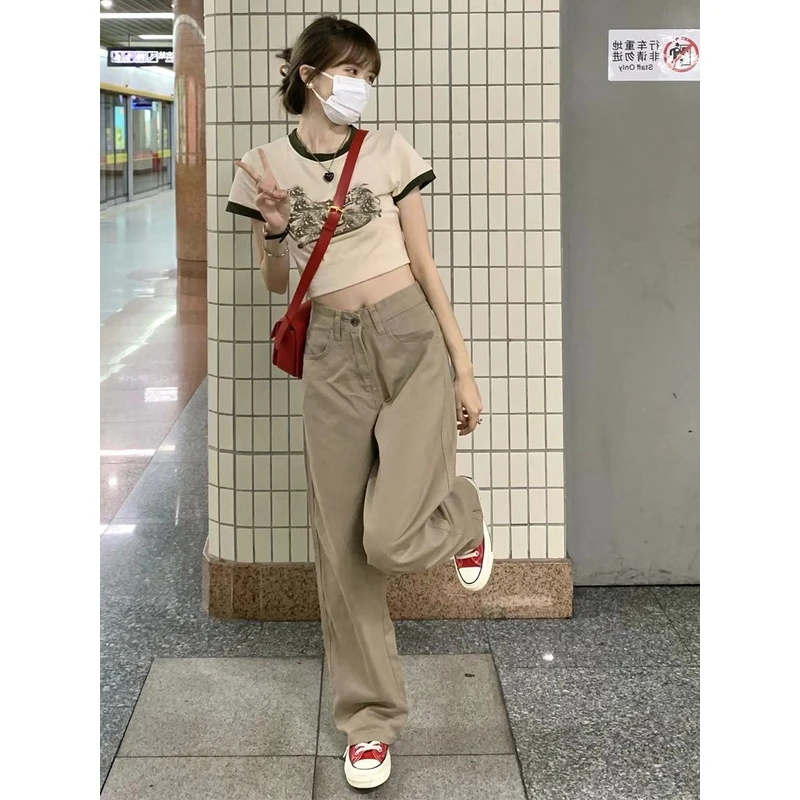 卡其色休闲牛仔裤女秋梨形身材大码胖mm显瘦高腰直筒胯大腿粗裤子