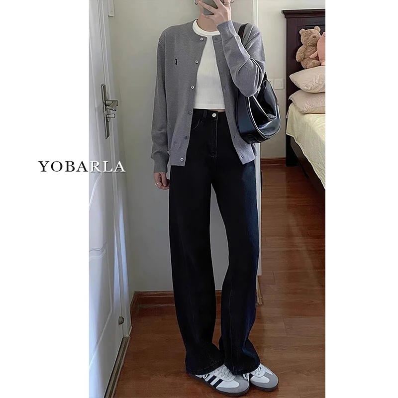 黑色阔腿牛仔裤女冬季加绒胖mm高腰设计大码宽松梨形身材直筒裤子