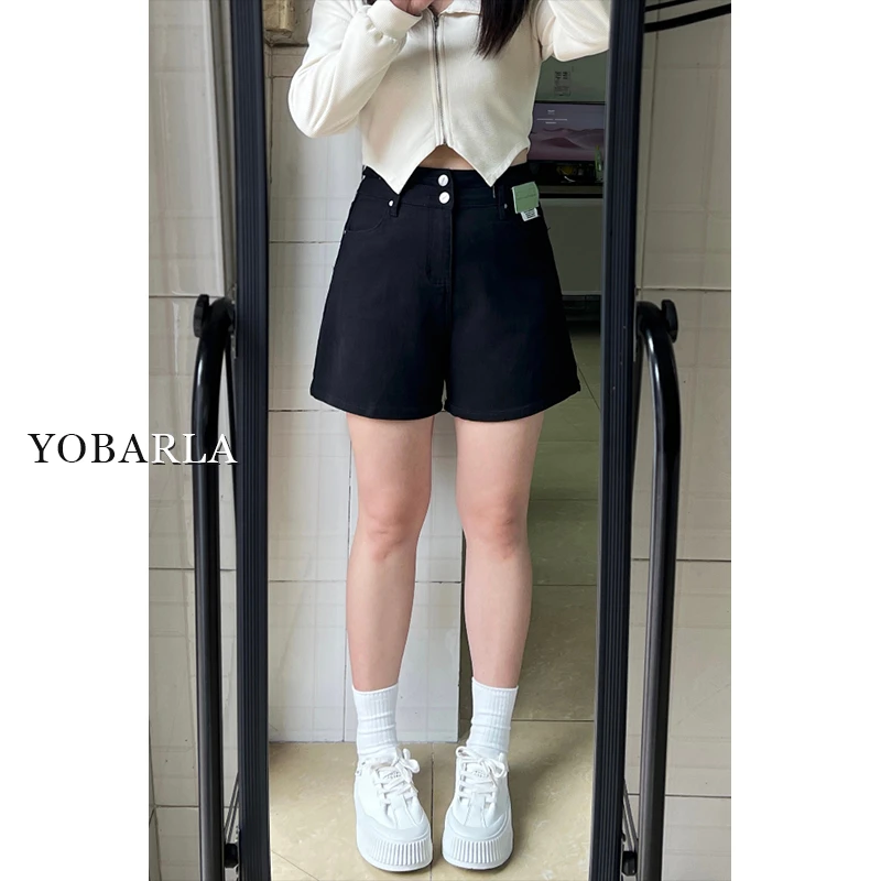 黑色牛仔短裤女夏季新款大码高腰宽松显瘦梨形身材阔腿a字热裤子