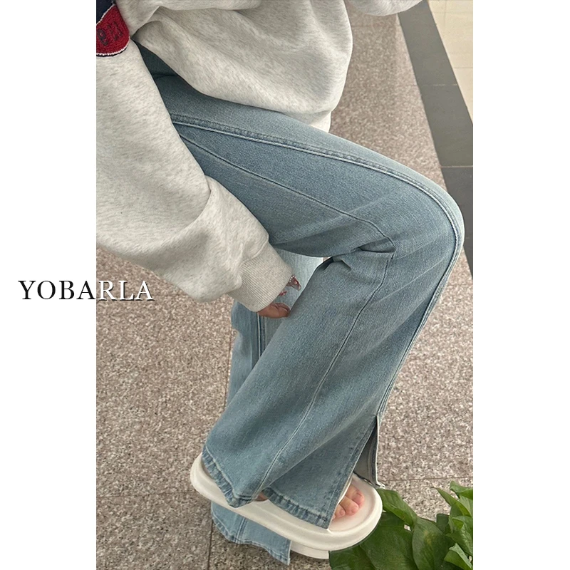 浅蓝开叉弹力微喇牛仔裤女秋冬新款高腰大码显瘦梨形身材喇叭裤子