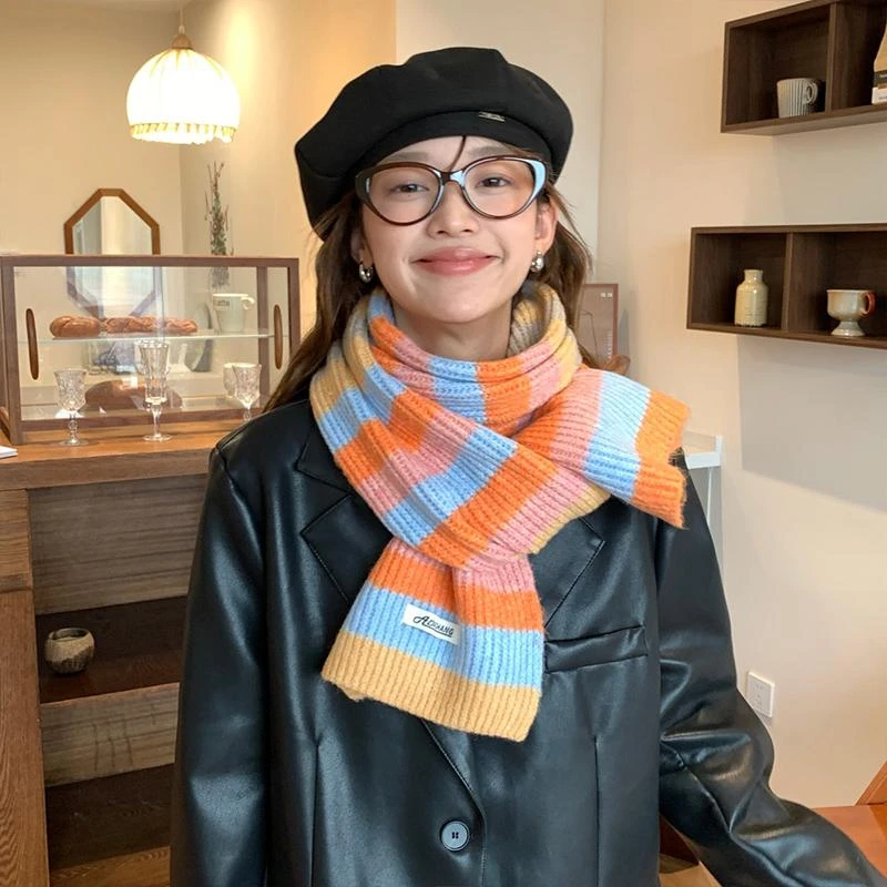 彩虹拼色韩版毛线针织围巾女生冬季INS风加厚保暖围脖学生百搭款