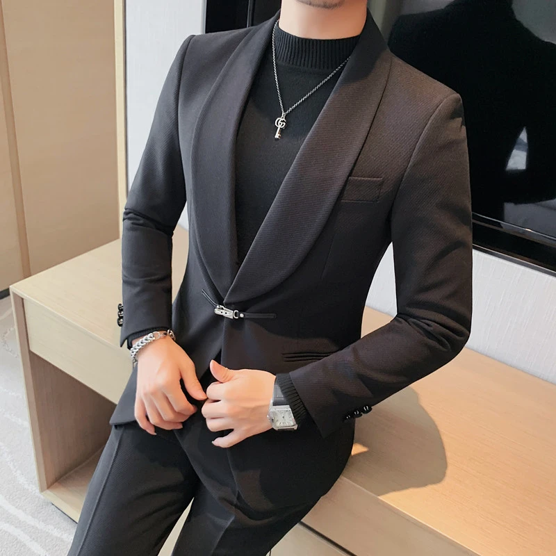 春秋款型男个性青果领西装外套轻奢潮流休闲西服男士英伦修身单西
