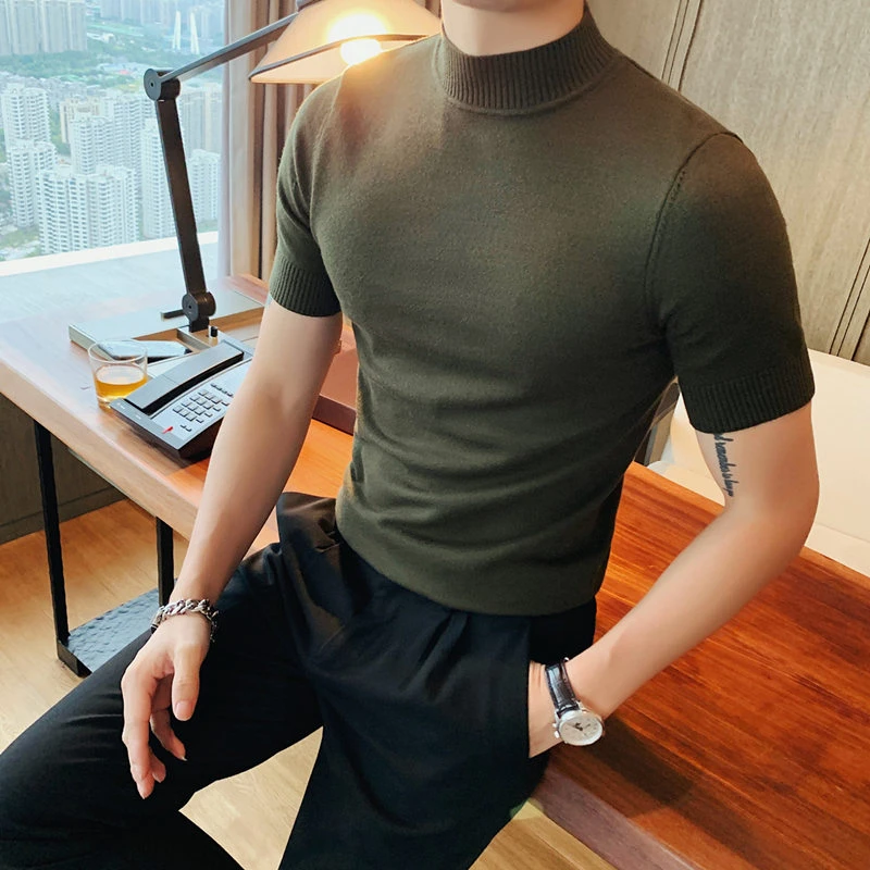 春秋韩版修身男士半高领短袖T恤型男紧身弹力针织衫中领打底衫潮