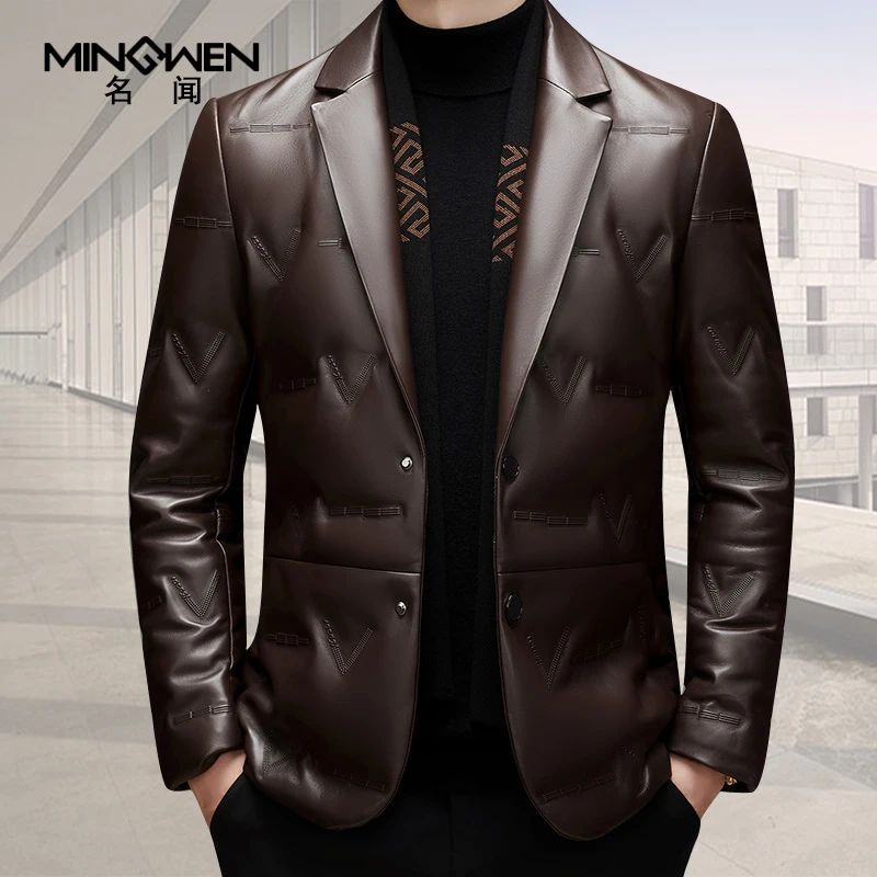 围巾领真皮皮衣羽绒服西装男冬时尚潮流高级感痞帅绵羊皮西服外套