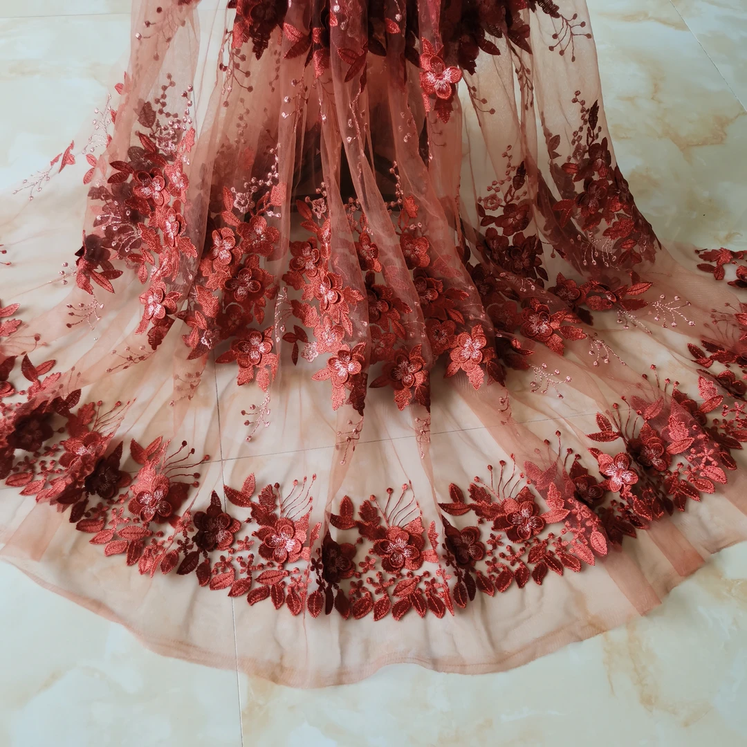 橙红色网纱绣花立体花布料单边花亲肤绗缝  面料宽幅1.45