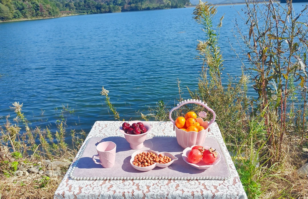 粉紫色手工订珠一大2小茶席3件套