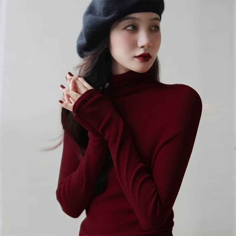 安可拉红针织衫高领堆堆领修身气质女秋冬高级感打底毛衣显瘦上衣