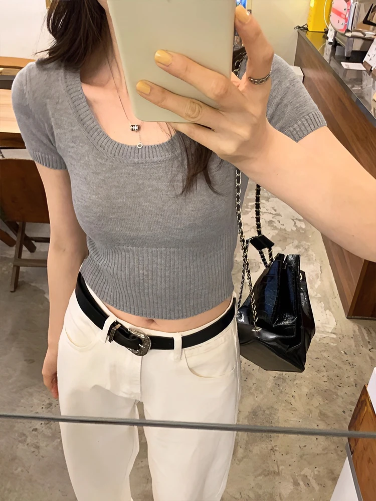 韩系U领纯色修身短袖针织衫女春夏季新款辣妹短款高腰上衣百搭