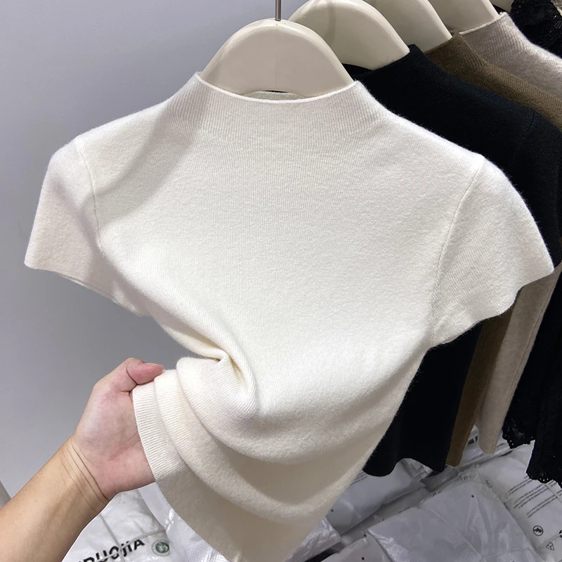 极简早秋春夏软糯半高领短袖针织衫女内搭修身显瘦小立领打底上衣