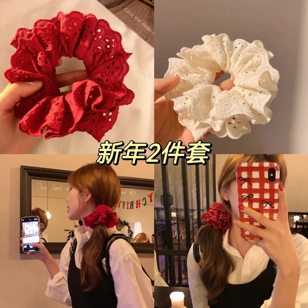 易梦玲同款新年红色蕾丝大肠发圈复古法式小众花边镂空头花头绳