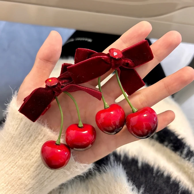 搞怪可爱红樱桃植绒发夹韩版ins圣诞蝴蝶结新年红碎发夹发饰边夹