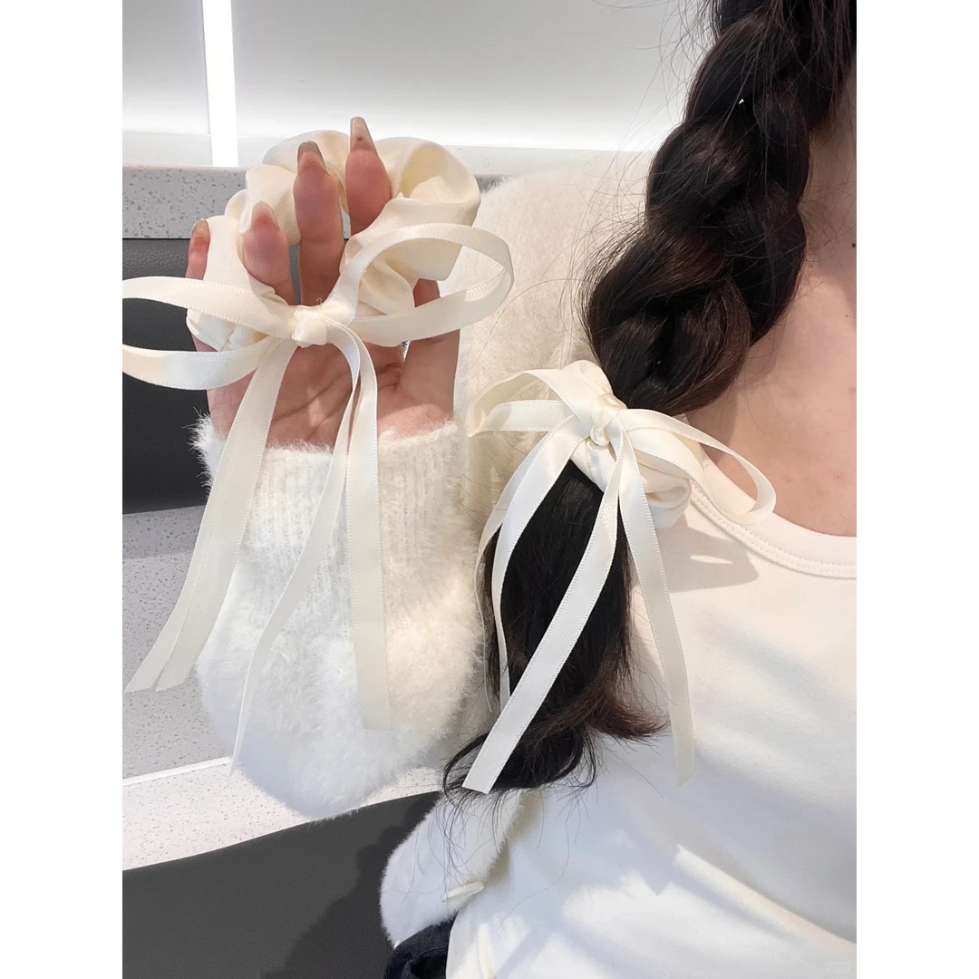 仙女缎面飘带丝光奶油蝴蝶结法式复古风大肠发圈唯美宫廷油画少女