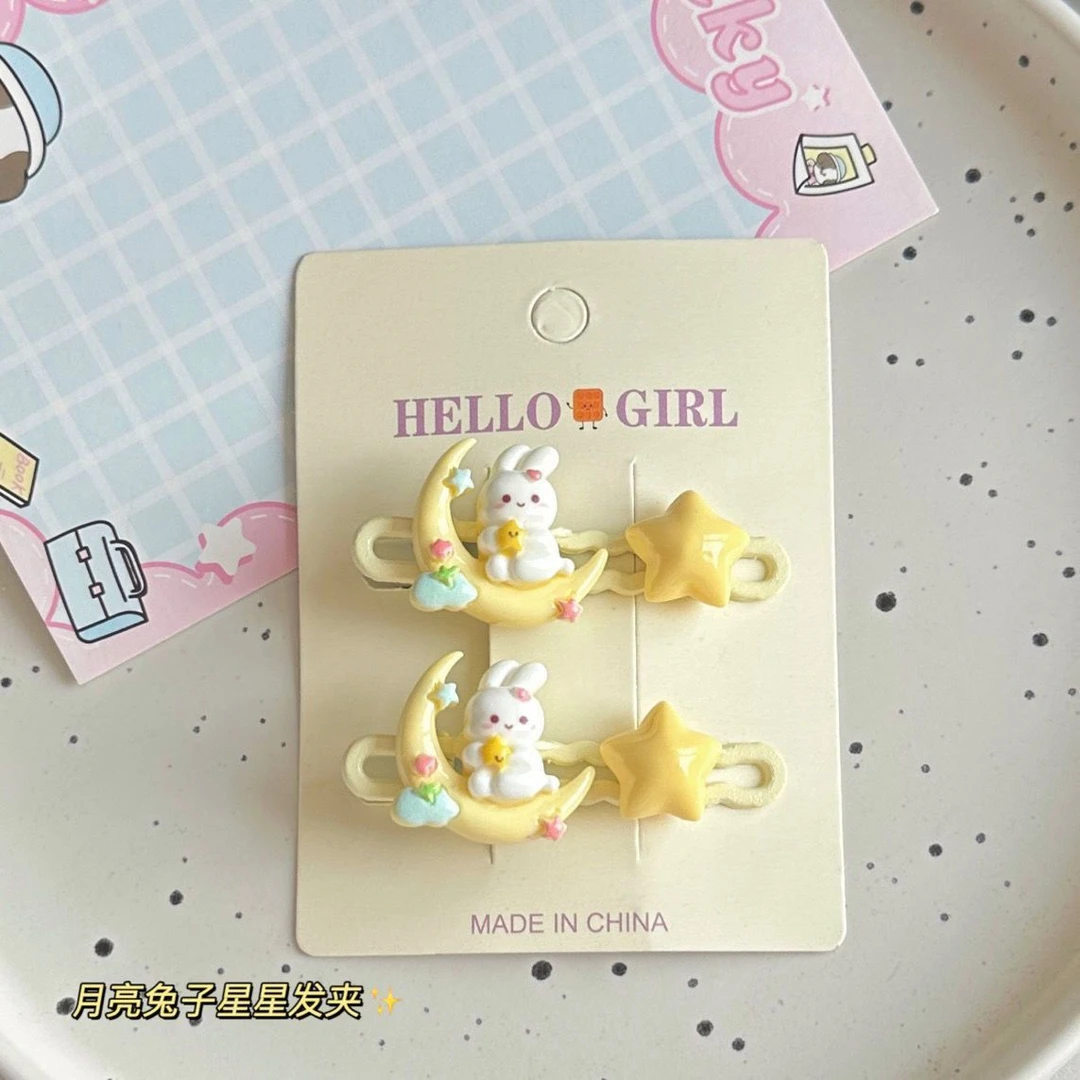 坐在月亮上的兔子发夹 可爱甜美少女心星星学生刘海边夹头饰卡子