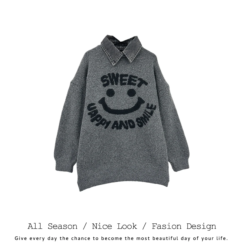 793   欧货时尚灰色笑脸领口可拆宽松秋冬百搭长袖   款号#6851