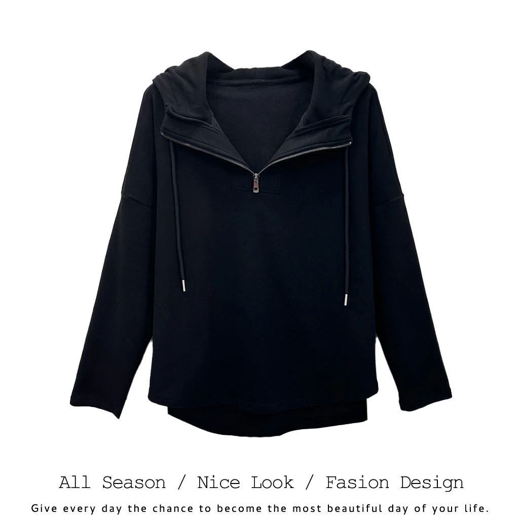 439  时尚黑灰双色半开领连帽休闲百搭宽松显瘦长袖  款号#9565