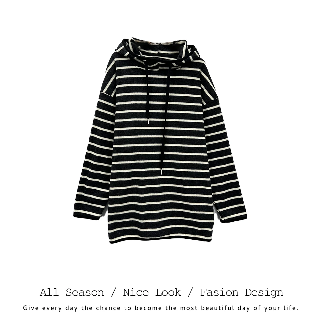211         时尚黑色粗条纹休闲百搭宽松连帽长袖     款号#9112