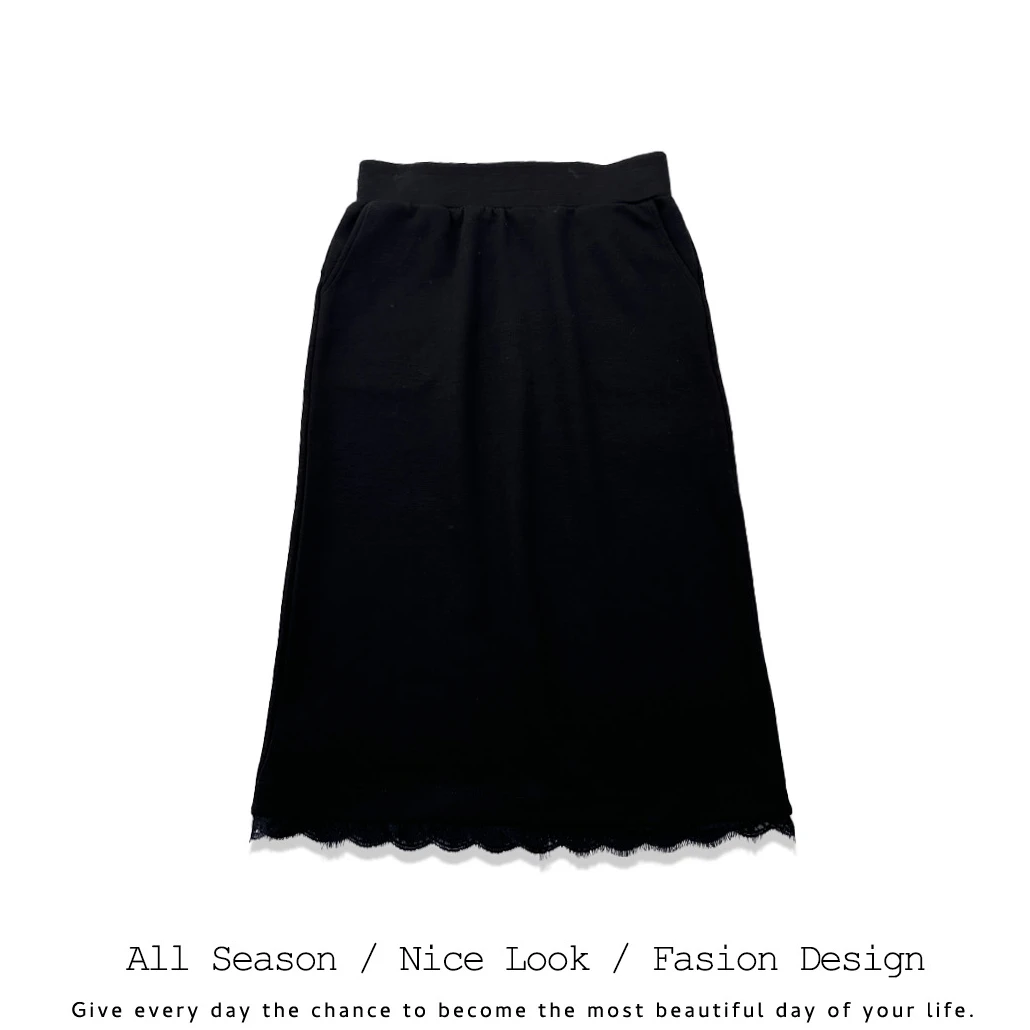 【DLL定制款】570/382   时尚黑色蕾丝边宽松松紧腰半身长裙   323