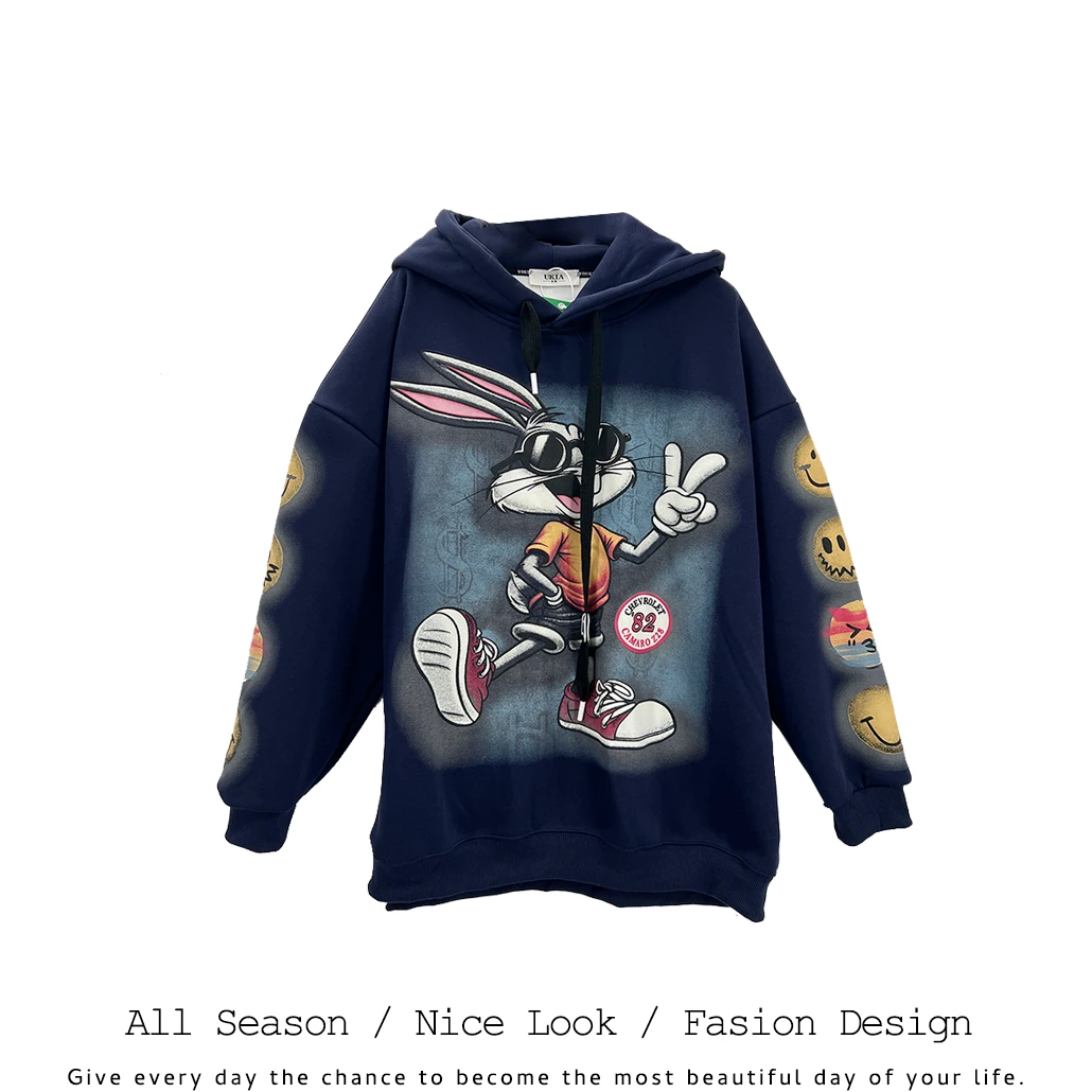 199     欧货时尚蓝色兔子印花连帽宽松百搭秋冬卫衣   款号#3566