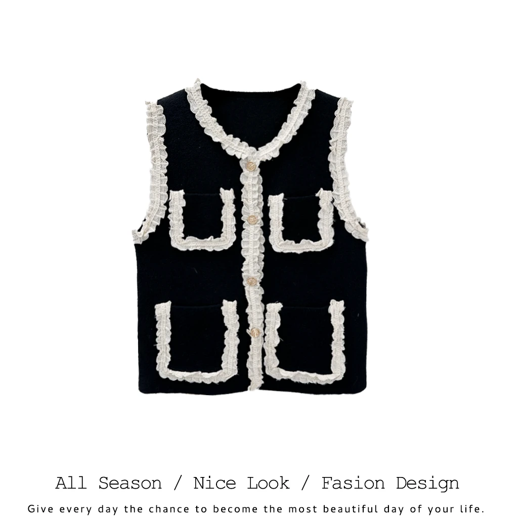 084/011    时尚黑色拼接蕾丝边气质淑女百搭马甲      款号#C015