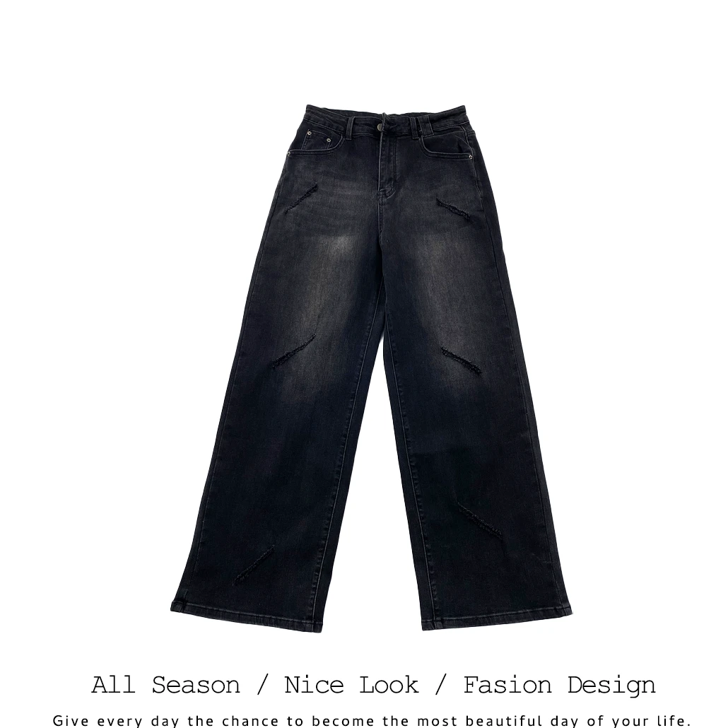 555   时尚休闲百搭黑灰色水洗牛仔长裤     款号#30021-1