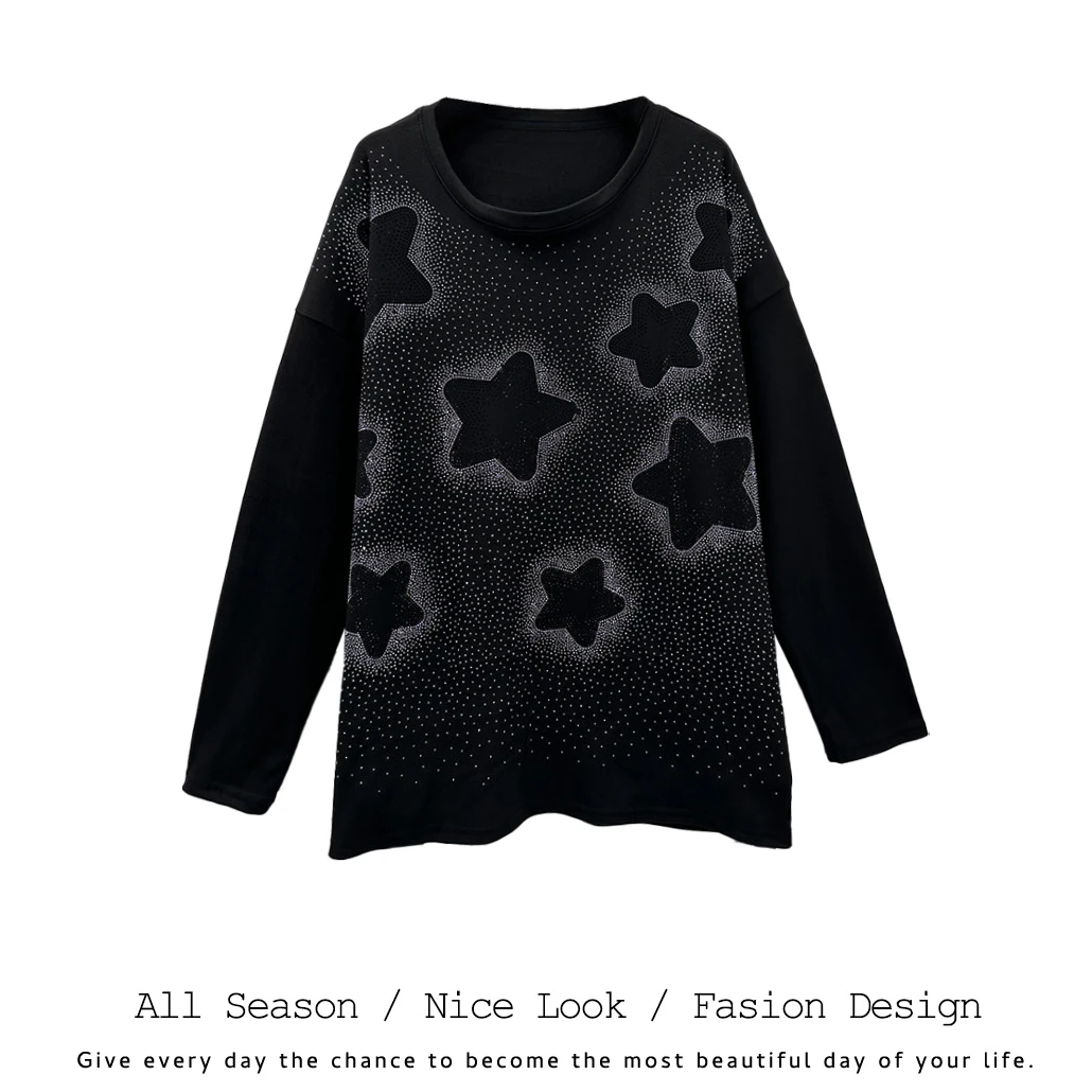 100     欧货时尚圆领镶钻满天星宽松休闲百搭长袖     款号#2205