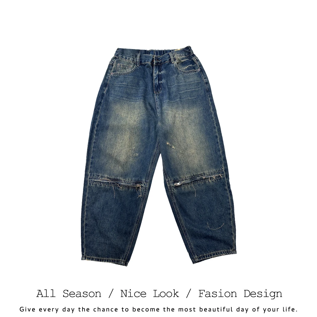 253    潮流时尚百搭怀旧蓝色拼接拉链牛仔裤    款号#6612-1