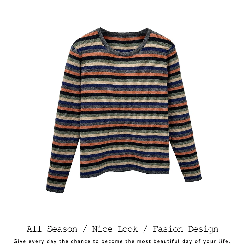577    欧货时尚条纹撞色秋冬百搭圆领套头秋冬长袖     款号#079