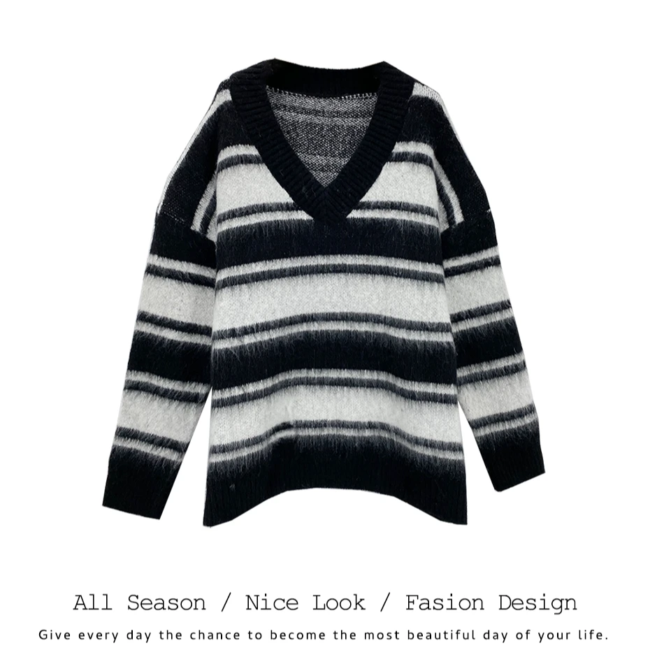 989  时尚简约条纹休闲宽松百搭V领长袖       款号#33104