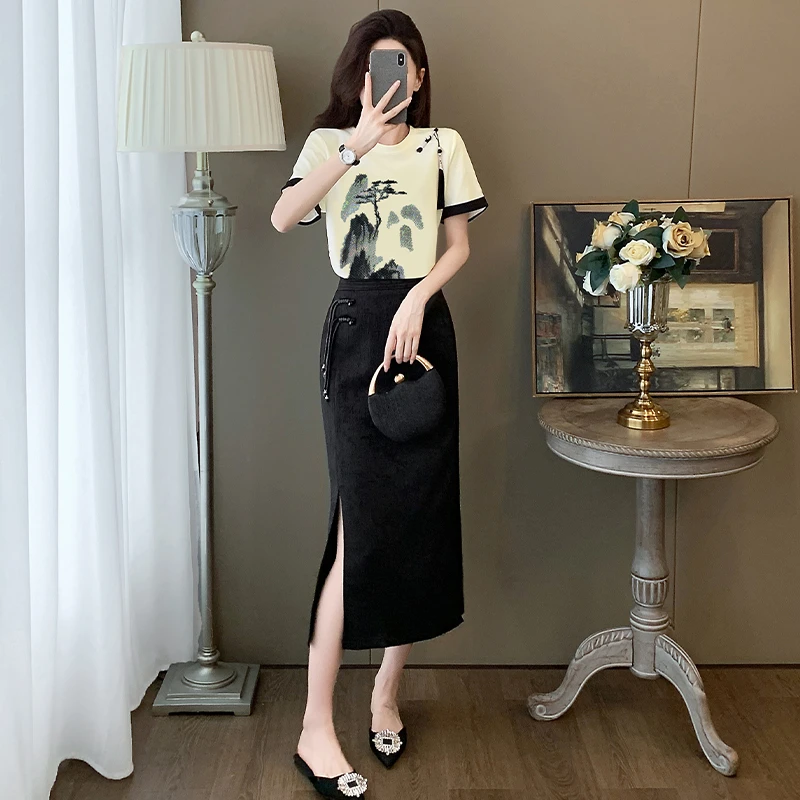 新中式时尚套装女夏季开叉半身裙子高贵气质两件套高级感国风套裙