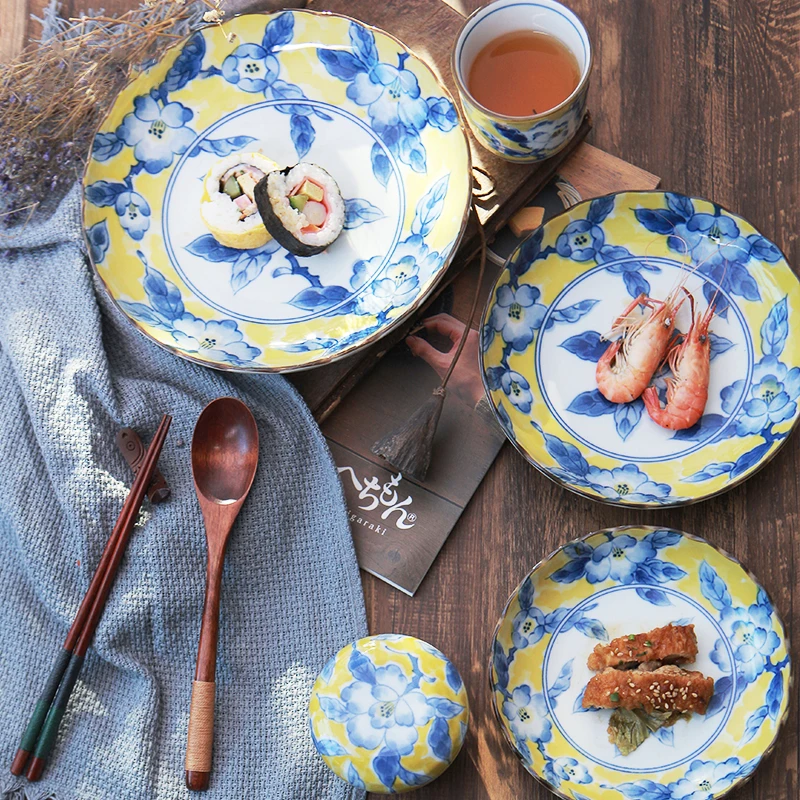 黄彩花纹菊形盘日本进口釉下彩宫廷风波浪形陶瓷饺子盘碟热菜盘
