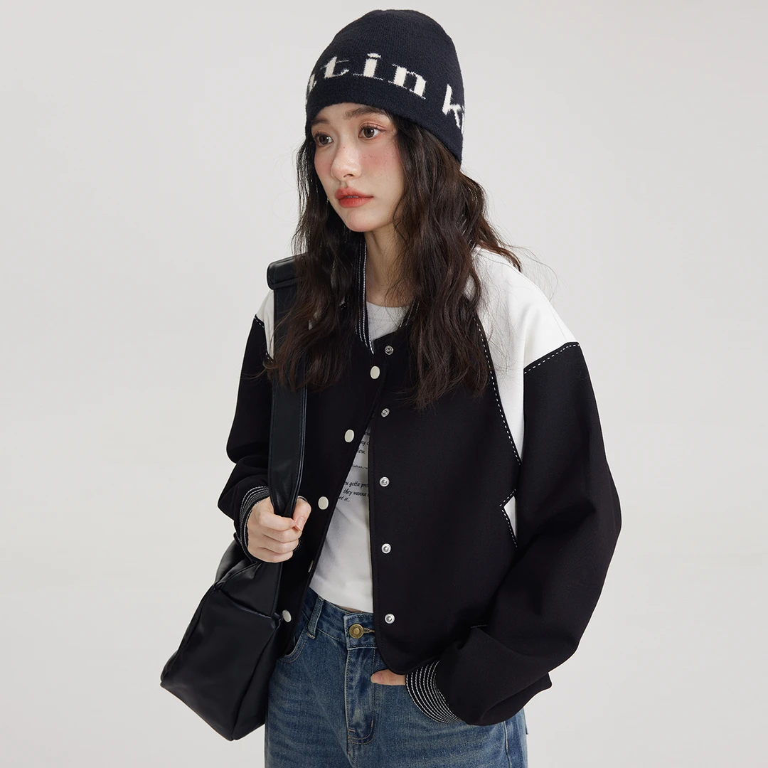 尔给外套秋季女外套长袖运动休闲复古宽松春秋时尚百搭拼色上衣女