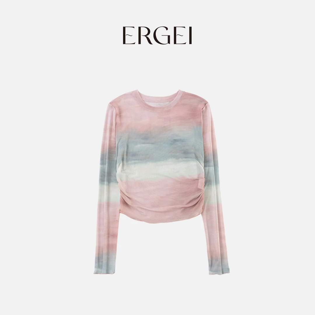 【莫奈花园】渐变扎染打底衫女长袖短款时尚不规则印花撞色网纱上衣