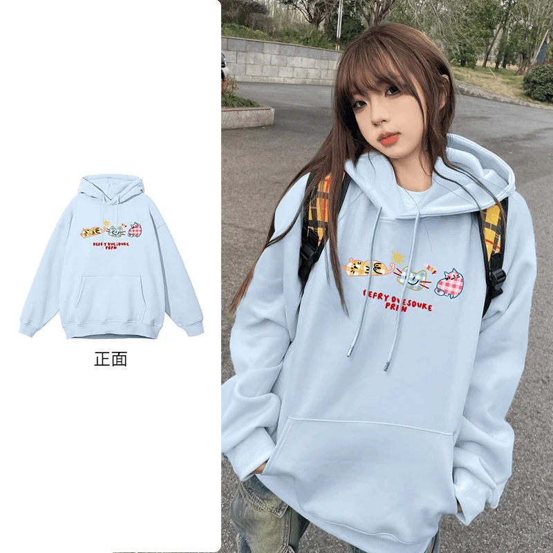 卡通印花上衣2024新款套头连帽衫休闲百搭oversize韩版卫衣#R360