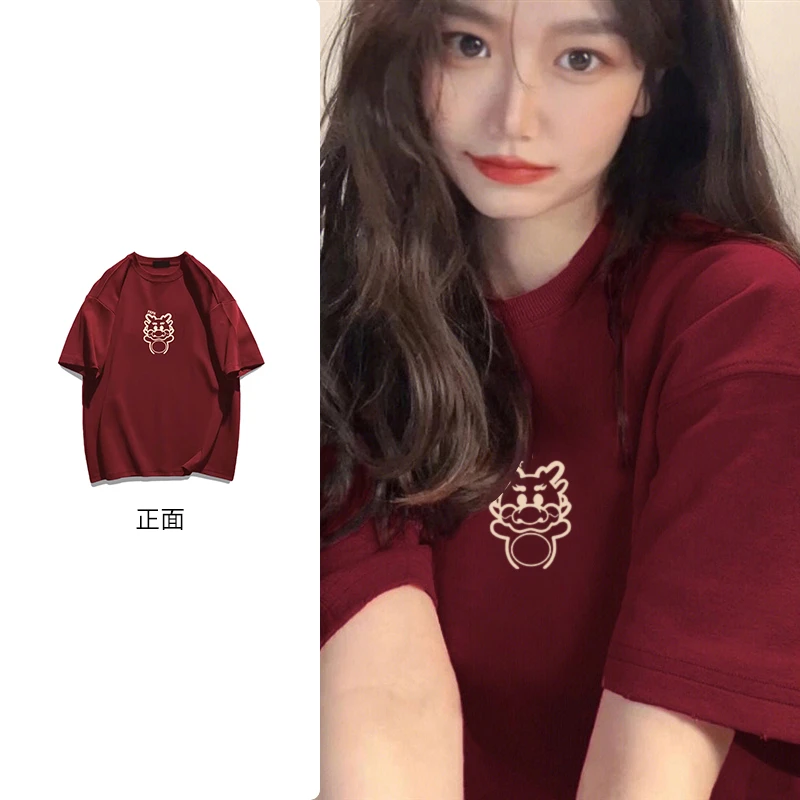 夏季纯棉国潮风印花酒红色短袖t恤女显白宽松休闲新款上衣#N350