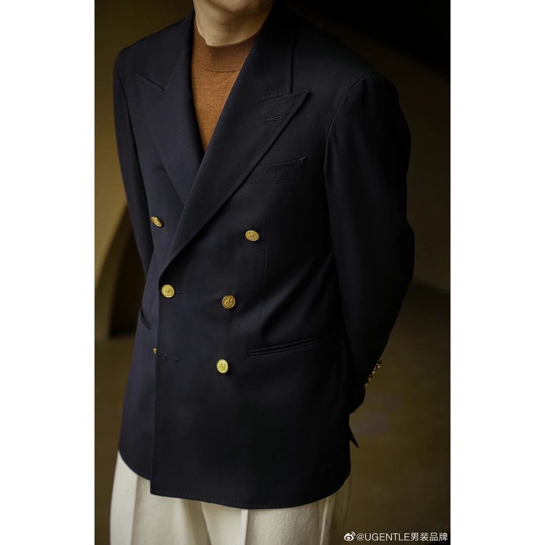 UGENTLE男装品牌 半麻衬 手工米兰眼Navy Blazer布雷泽西服