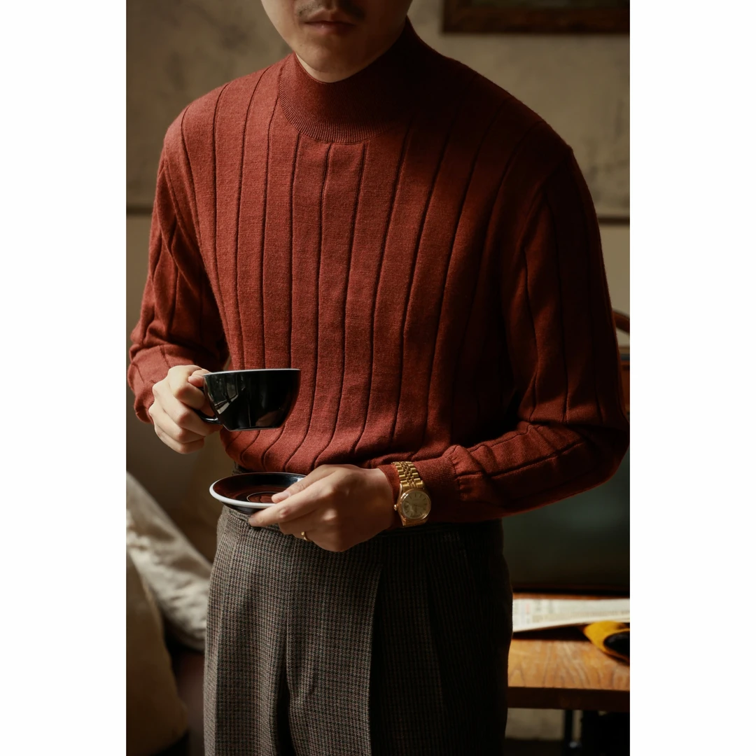 UGENTLE男装 羊毛针织衫 「 晚霞红枫 」复古条纹秋冬 半高领毛衣