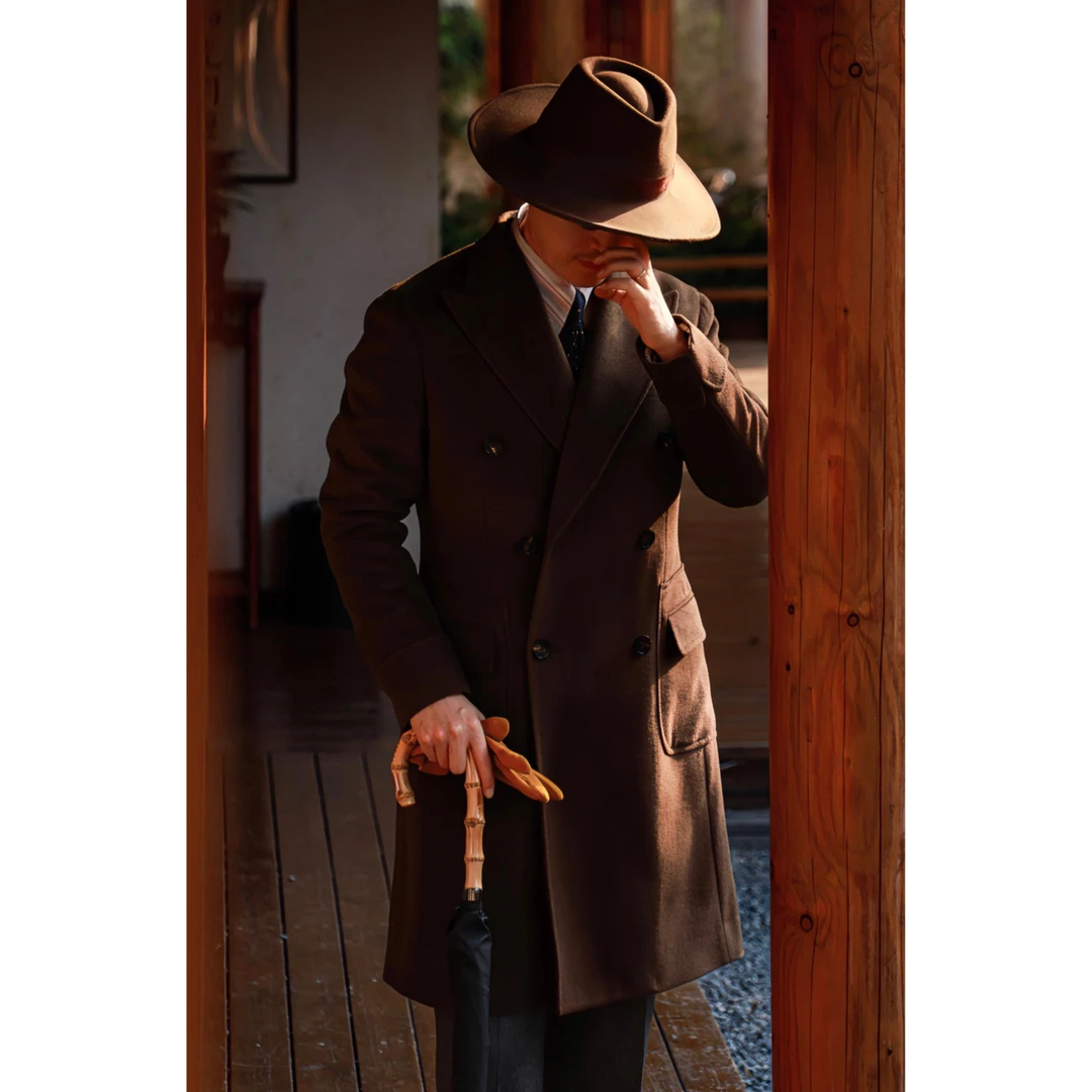 UGENTLE男装 高定半麻衬 全羊毛 栗棕色 意式教父双排扣 马球大衣