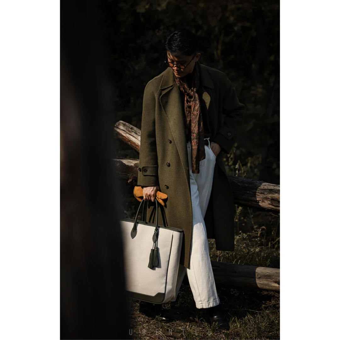 UGENTLE男装 秋冬款 全羊毛双面呢 「雪松绿」教父复古插肩袖大衣