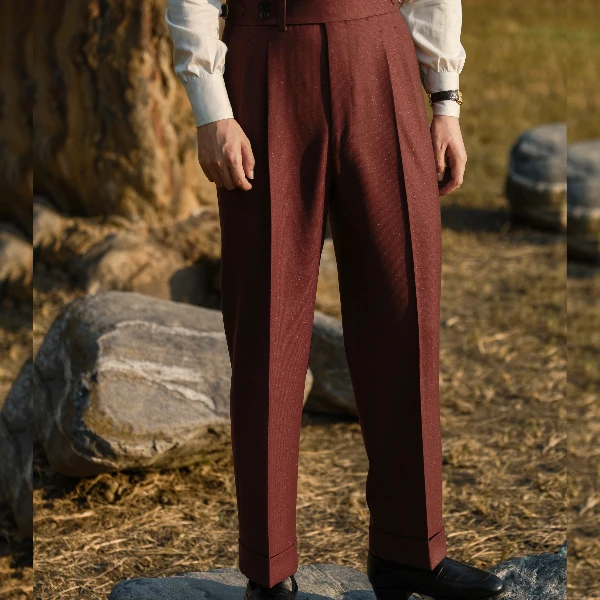 UGENTLE 男装 重磅 混纺「缤纷圣诞红」巴黎扣 高腰西裤西装裤复古