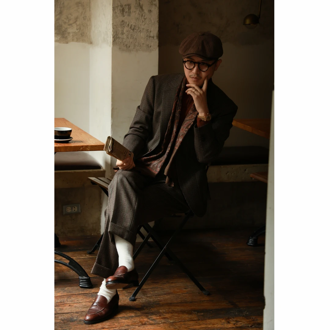 UG男装 秋冬 半麻衬 手工米兰眼「花呢烟草格」千鸟格 双耳领套装