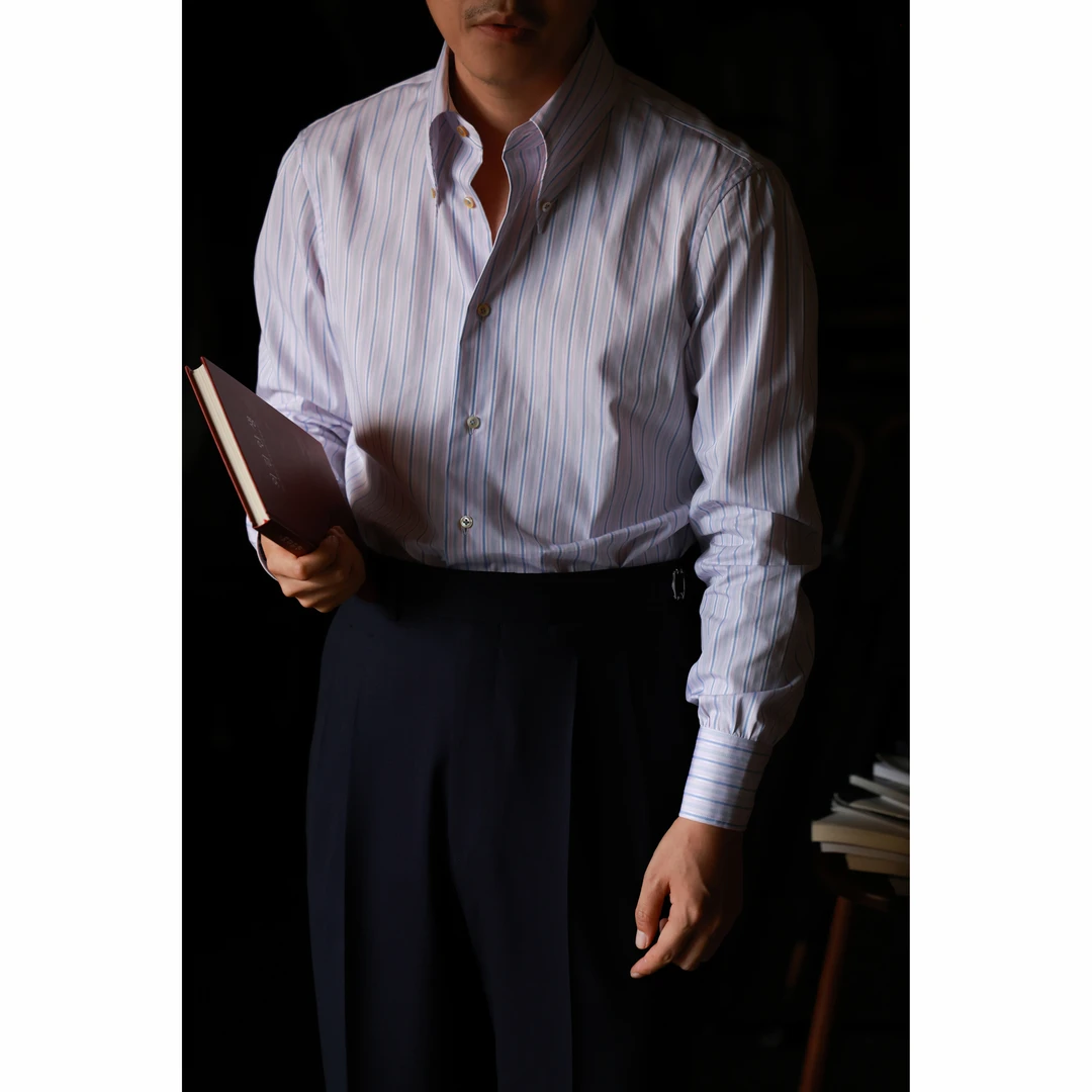 UGENTLE男装 经典系列意式纯棉「彩绘条纹」复古教父明扣领绅士衬衫